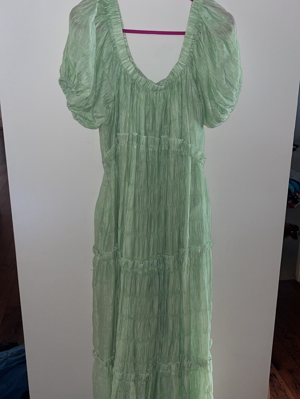 Light Mint Tiered Puff-Sleeve Maxi Dress